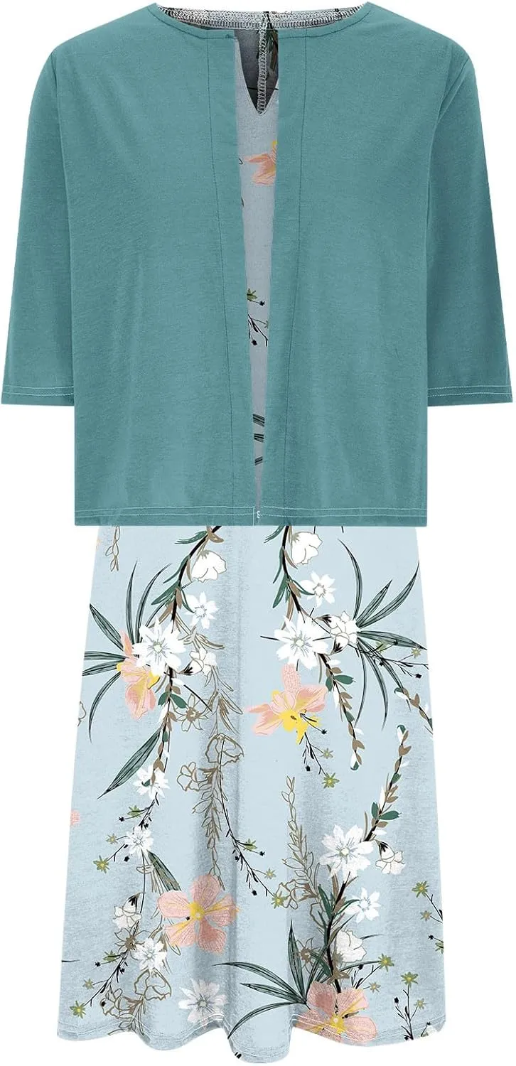 2 Piece Dress Sets for Women Floral Sleeveless Loose Maxi Summer Dresses with Cardigan Beach Wedding Guest Dress
