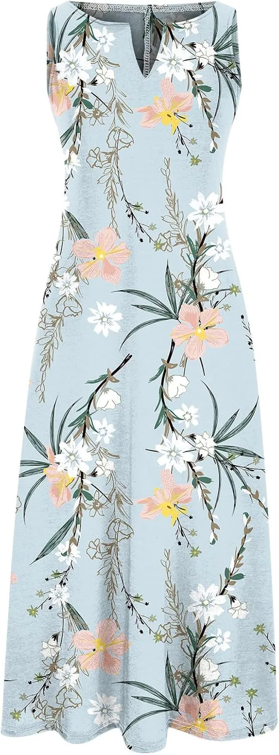 2 Piece Dress Sets for Women Floral Sleeveless Loose Maxi Summer Dresses with Cardigan Beach Wedding Guest Dress