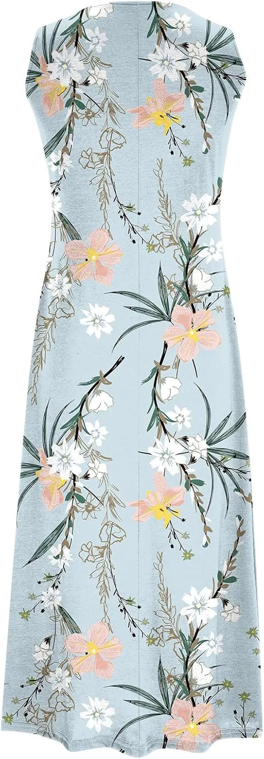 2 Piece Dress Sets for Women Floral Sleeveless Loose Maxi Summer Dresses with Cardigan Beach Wedding Guest Dress