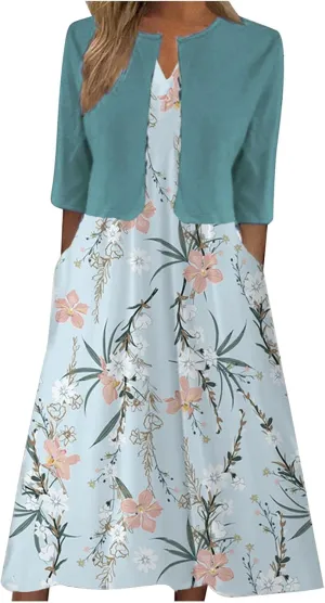 2 Piece Dress Sets for Women Floral Sleeveless Loose Maxi Summer Dresses with Cardigan Beach Wedding Guest Dress