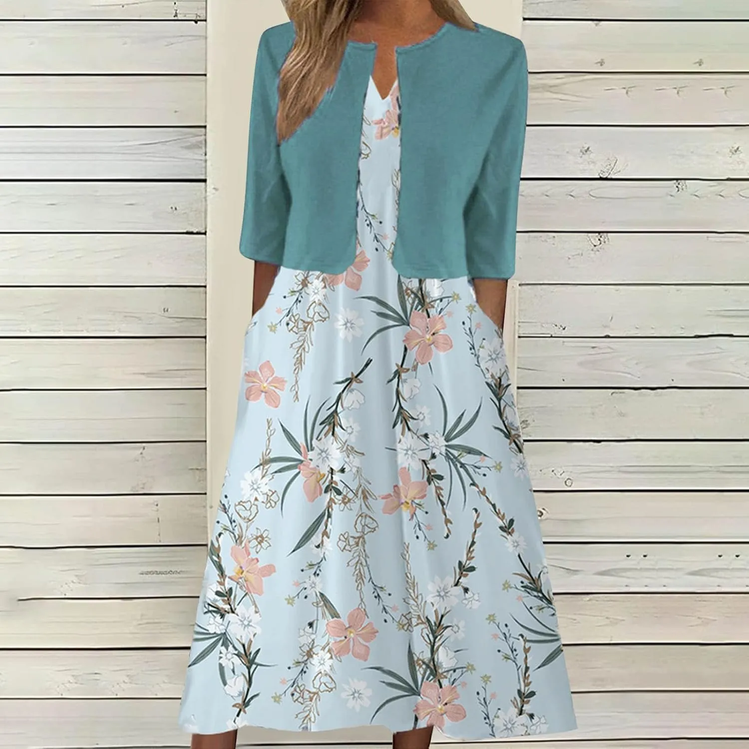 2 Piece Dress Sets for Women Floral Sleeveless Loose Maxi Summer Dresses with Cardigan Beach Wedding Guest Dress
