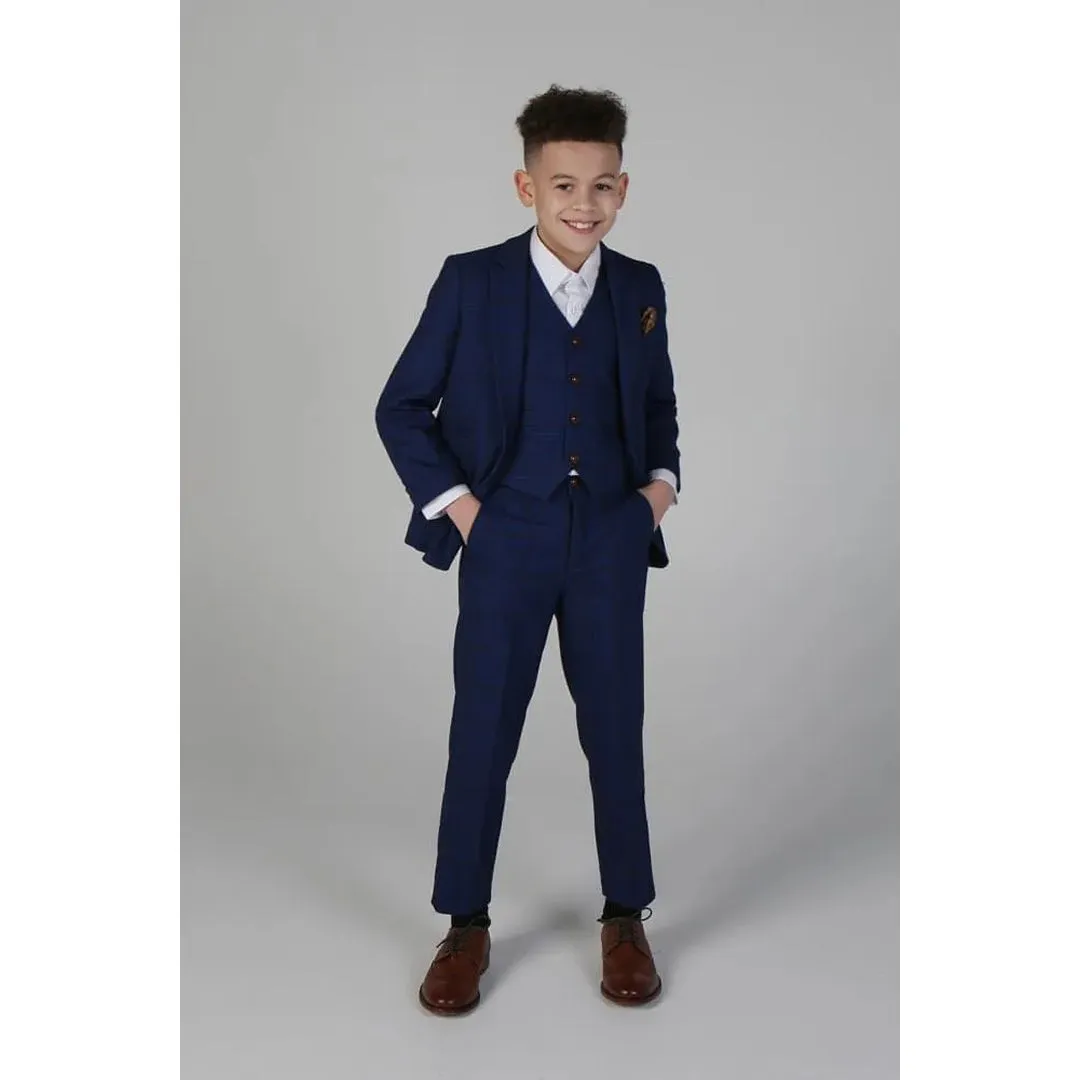 Alex - Boy's Blue Brown Check 3 Piece Suit