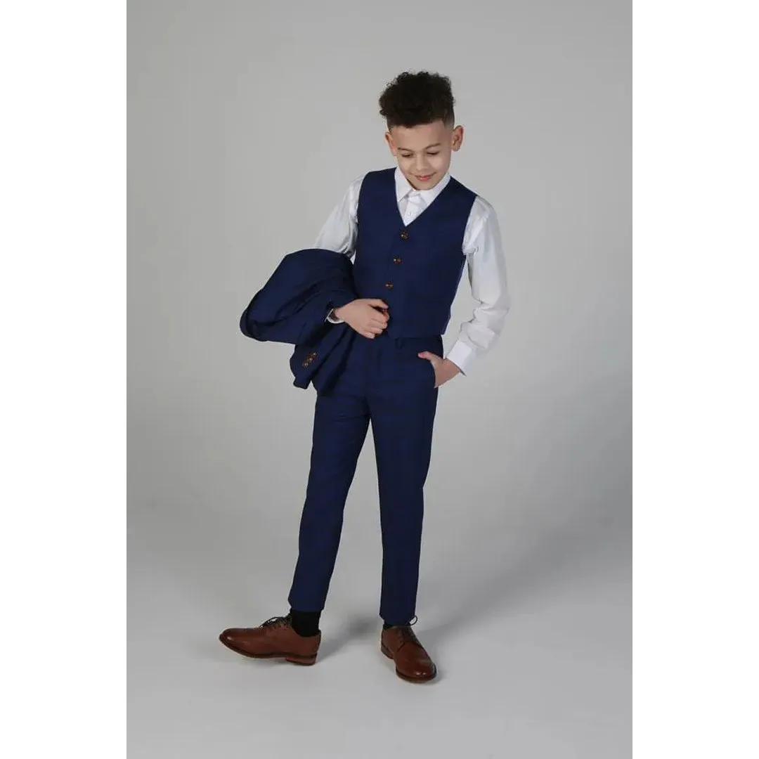 Alex - Boy's Blue Brown Check 3 Piece Suit