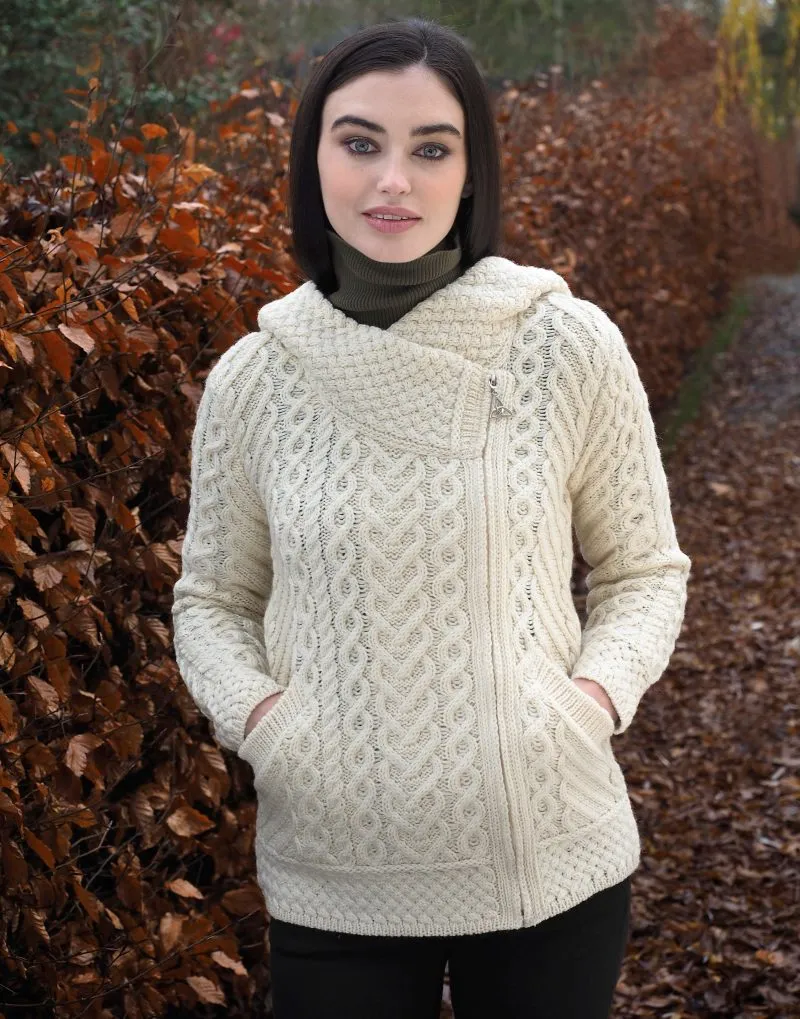 Aran Crafts Side Zip Hooded Cardigan | Natural