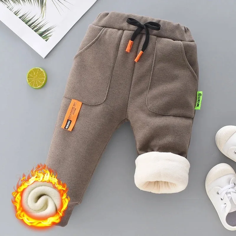Autumn Winter Boys Fleece Sports Pant 0-6Y Child Straight Thick Warm 3 Layer Quilted Trousers Kid Elastic Waist Jogger Sweatpant