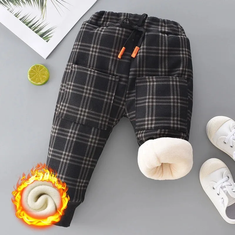 Autumn Winter Boys Fleece Sports Pant 0-6Y Child Straight Thick Warm 3 Layer Quilted Trousers Kid Elastic Waist Jogger Sweatpant