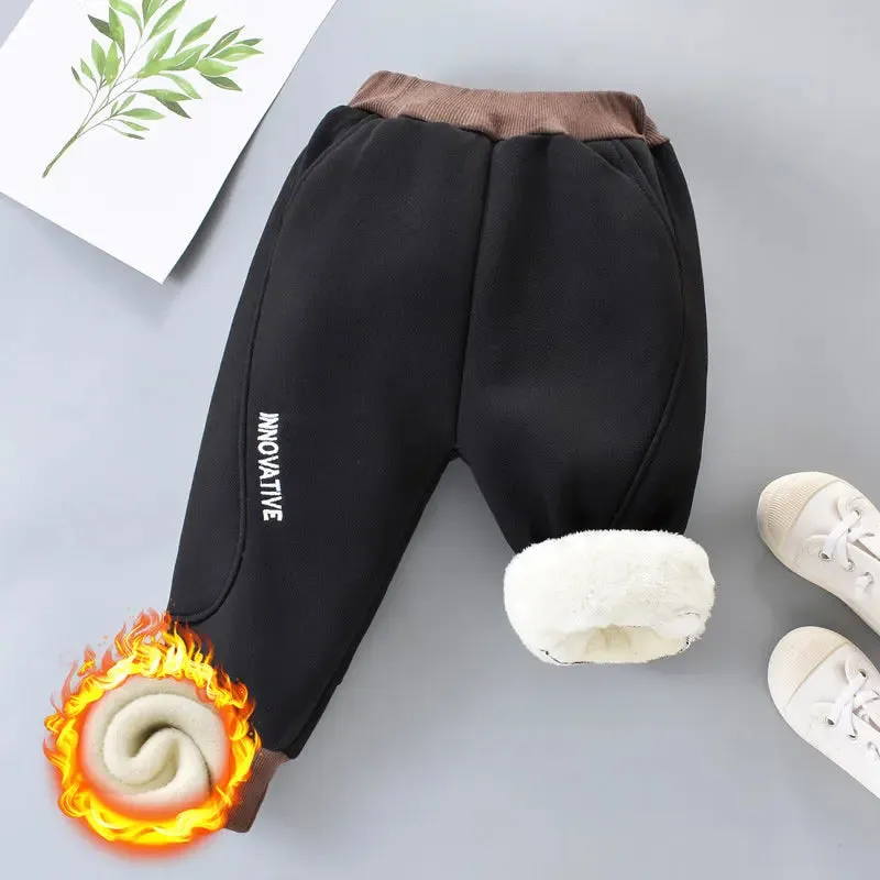 Autumn Winter Boys Fleece Sports Pant 0-6Y Child Straight Thick Warm 3 Layer Quilted Trousers Kid Elastic Waist Jogger Sweatpant