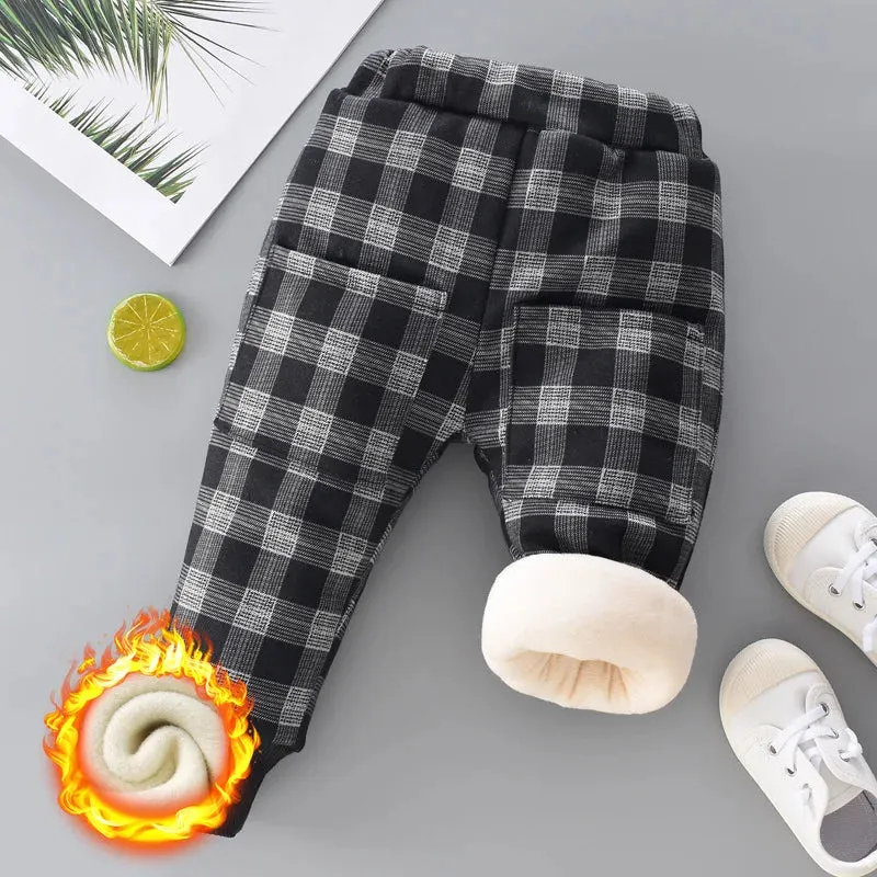 Autumn Winter Boys Fleece Sports Pant 0-6Y Child Straight Thick Warm 3 Layer Quilted Trousers Kid Elastic Waist Jogger Sweatpant