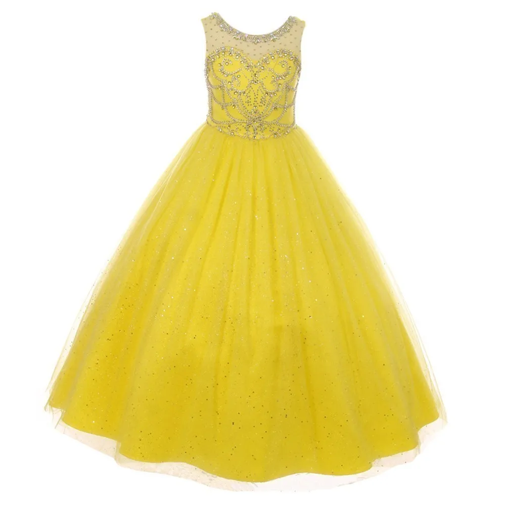 Big Girls Yellow Crystal Beading Glitter Tulle Floor Length Pageant Dress 8