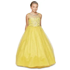 Big Girls Yellow Crystal Beading Glitter Tulle Floor Length Pageant Dress 8