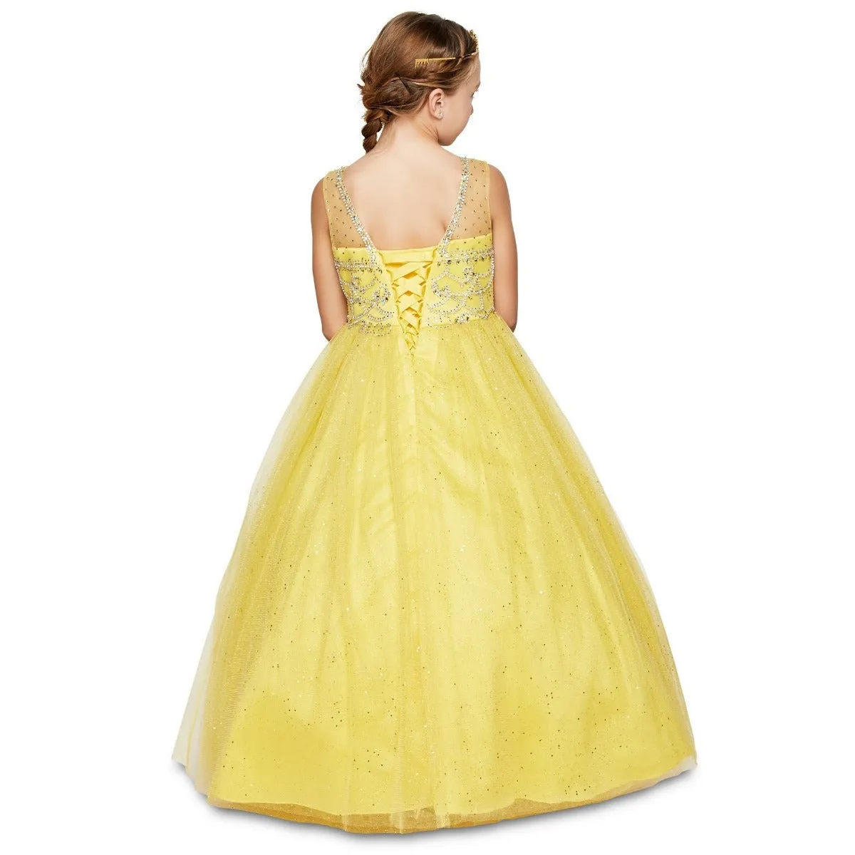 Big Girls Yellow Crystal Beading Glitter Tulle Floor Length Pageant Dress 8