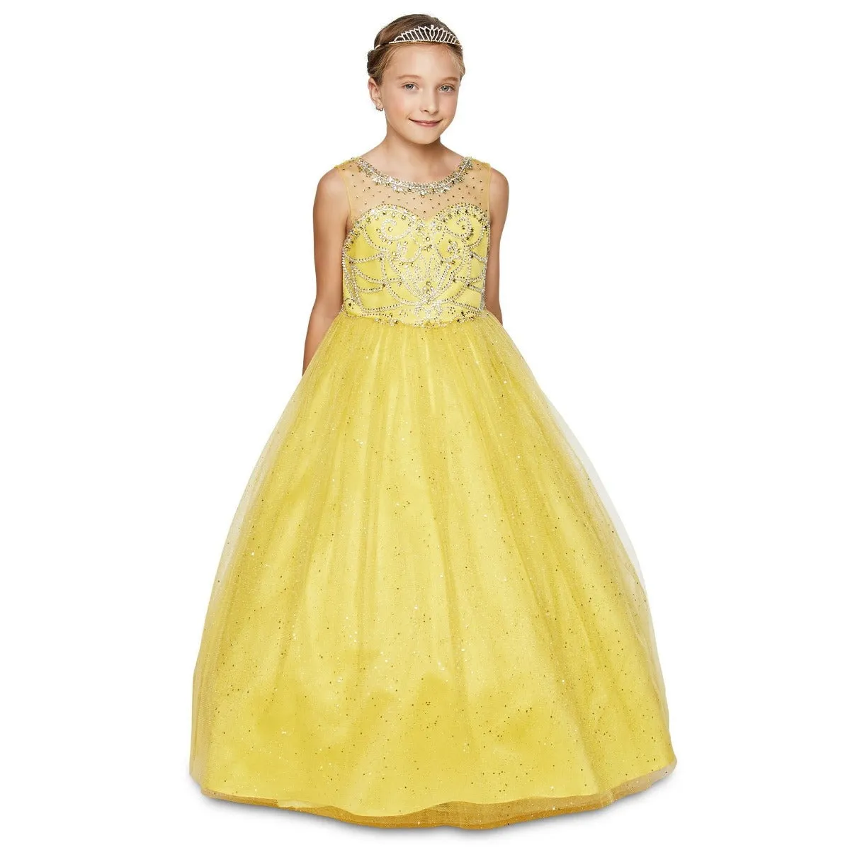 Big Girls Yellow Crystal Beading Glitter Tulle Floor Length Pageant Dress 8