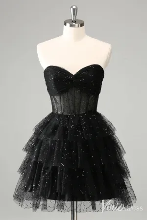 Black Sparkly Ruffled Homecoming Dresses Sweetheart Strapless Back to School Dress S24038