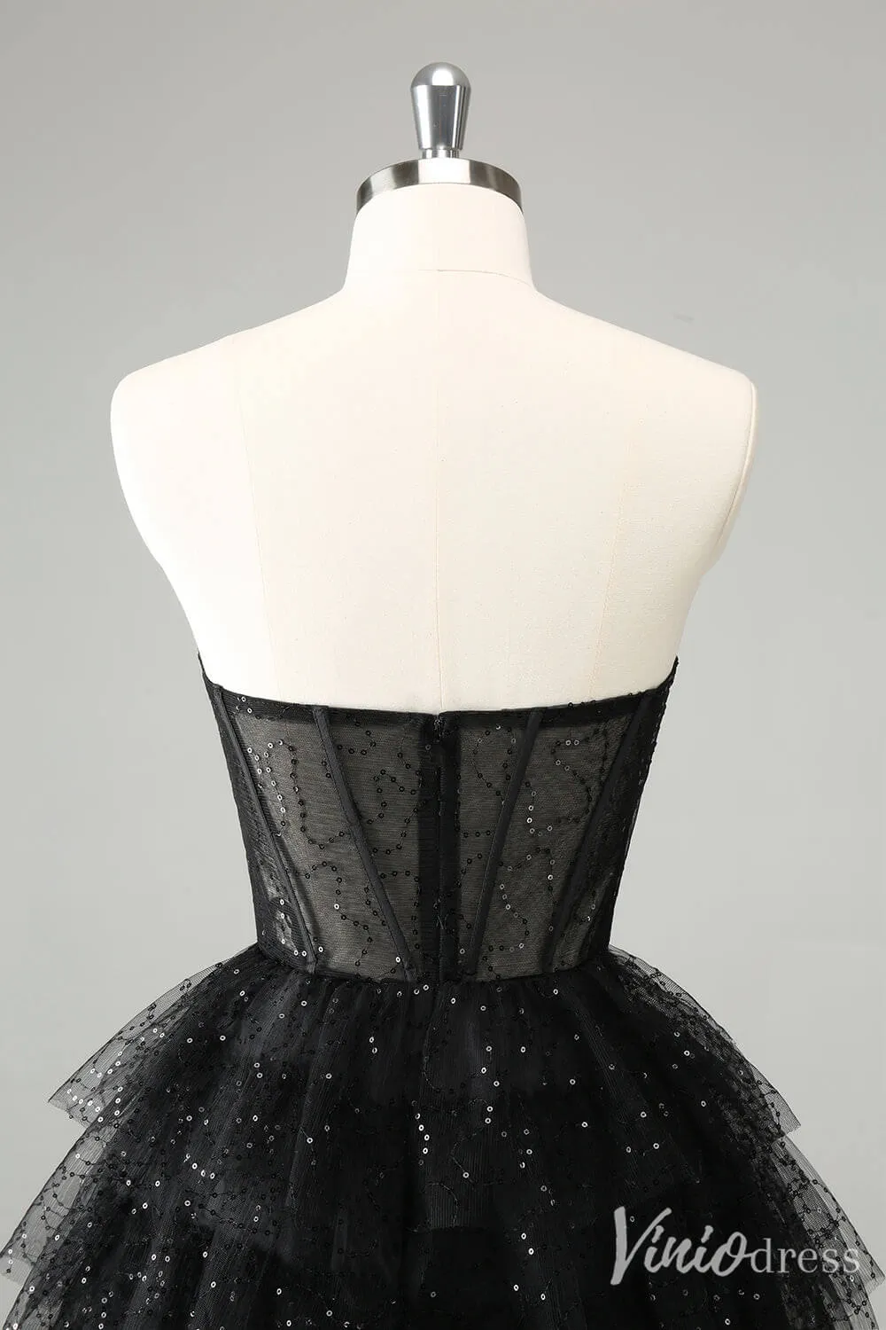 Black Sparkly Ruffled Homecoming Dresses Sweetheart Strapless Back to School Dress S24038