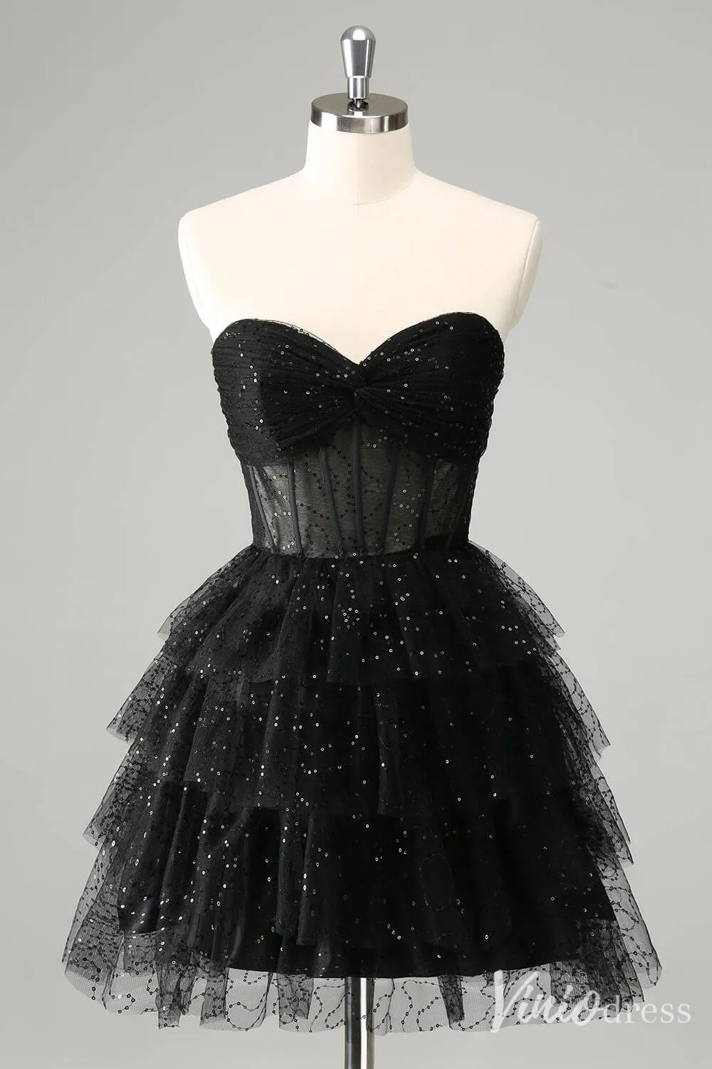 Black Sparkly Ruffled Homecoming Dresses Sweetheart Strapless Back to School Dress S24038