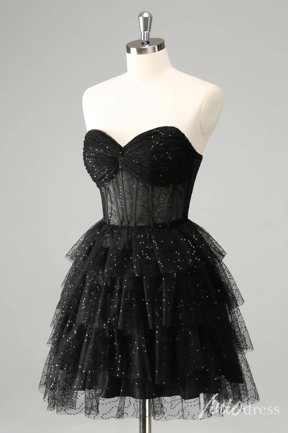 Black Sparkly Ruffled Homecoming Dresses Sweetheart Strapless Back to School Dress S24038