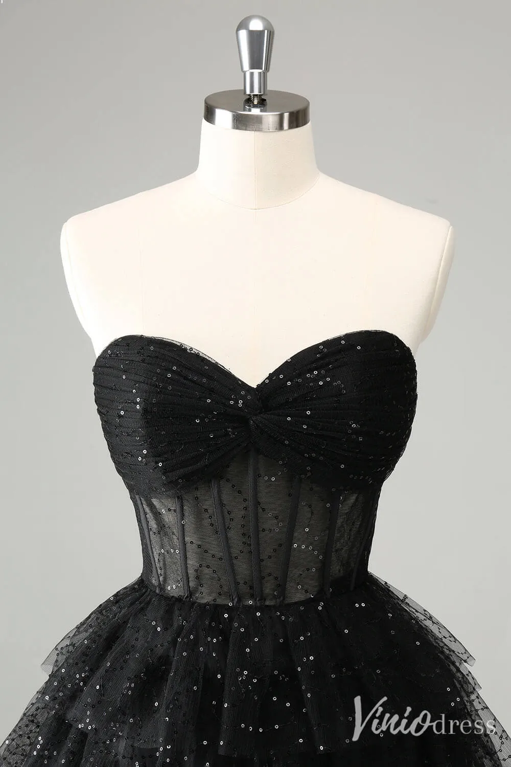 Black Sparkly Ruffled Homecoming Dresses Sweetheart Strapless Back to School Dress S24038