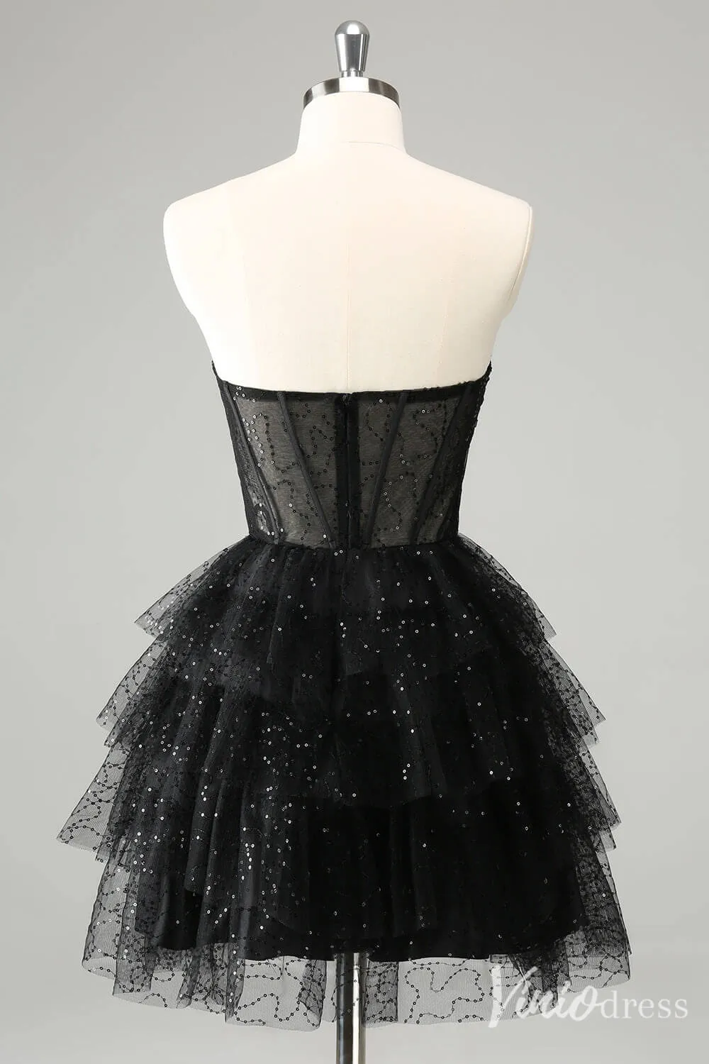 Black Sparkly Ruffled Homecoming Dresses Sweetheart Strapless Back to School Dress S24038