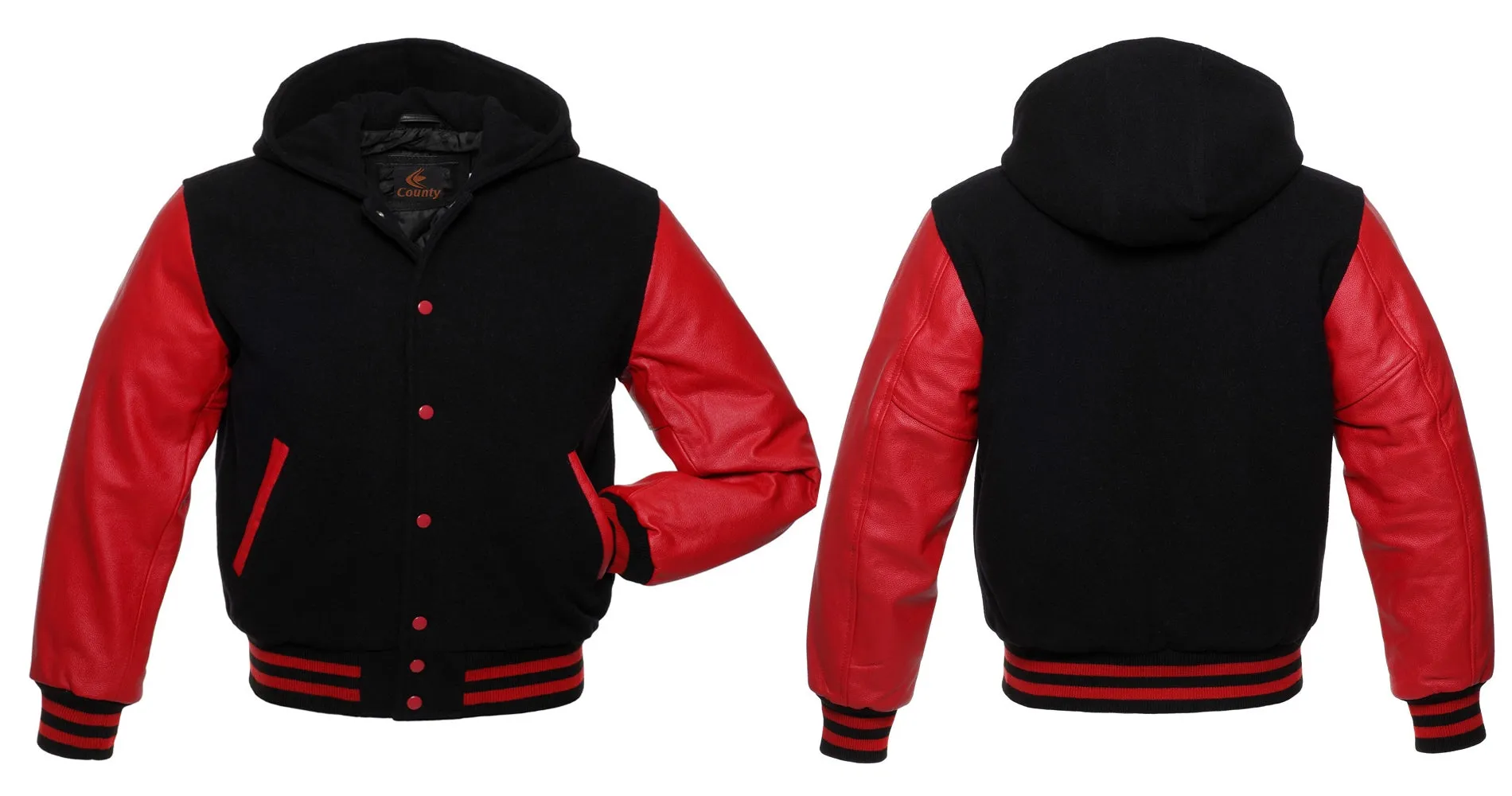 Bomber Varsity Letterman Baseball Hoodie Jacket Black Body Red Leather Sleeves