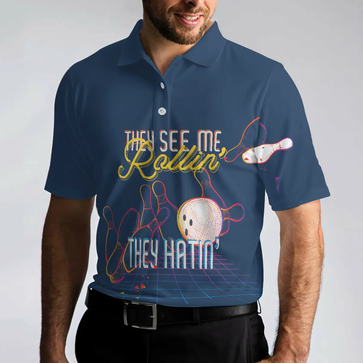Bowling Men Polo Shirt - They see me Rollin’ They Hatin’ Polo Shirt, Light Art Bowling Polo Shirt - Perfect Gift For Friend, Family, Bowling Lovers