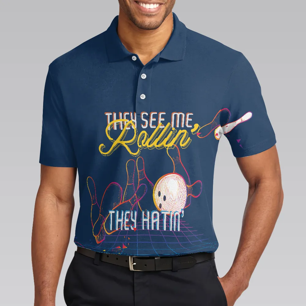 Bowling Men Polo Shirt - They see me Rollin’ They Hatin’ Polo Shirt, Light Art Bowling Polo Shirt - Perfect Gift For Friend, Family, Bowling Lovers
