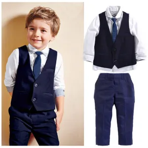 Boys Solid Shirt-Waist Coat Pants 3PC Set