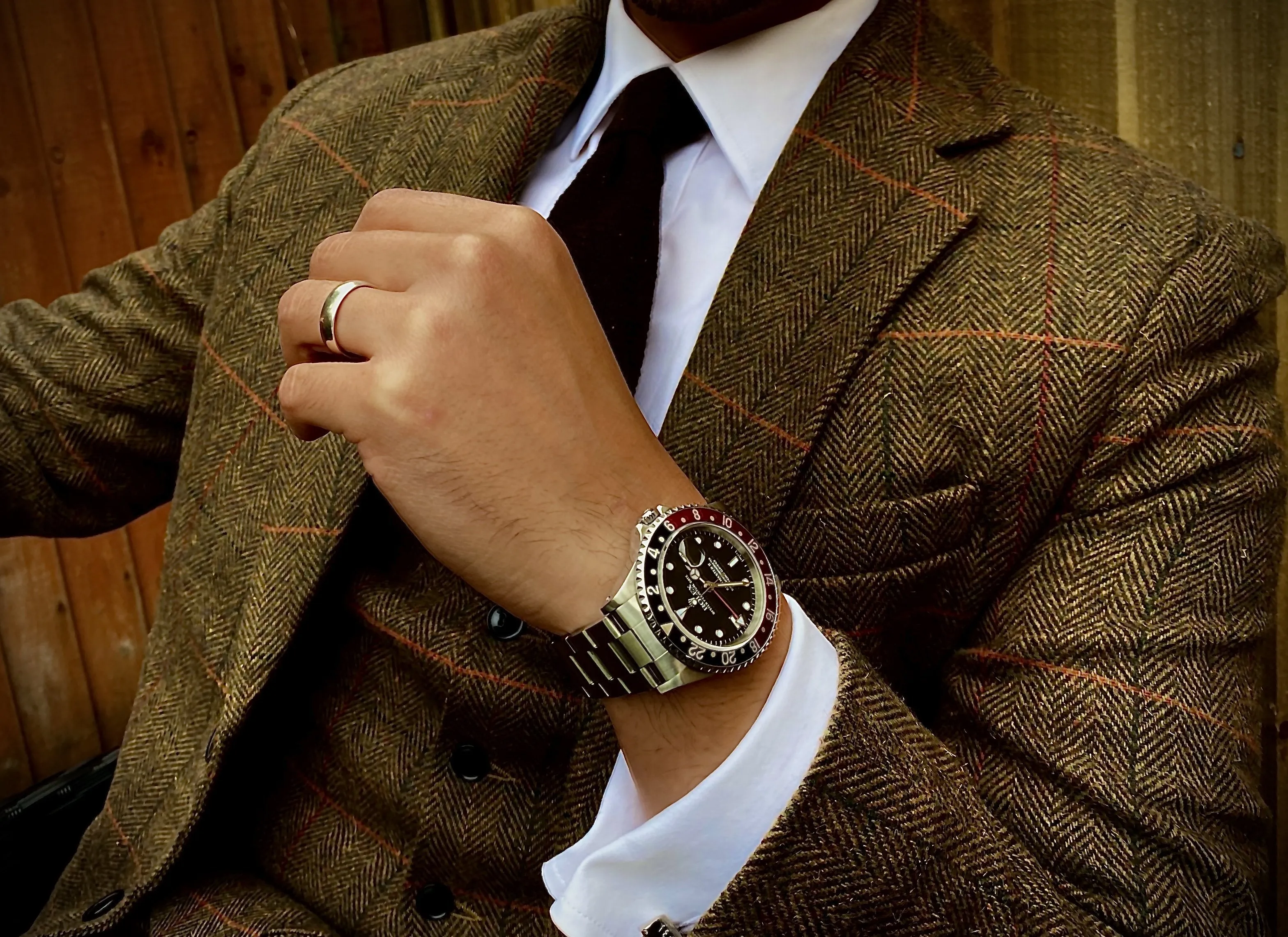 Brown Herringbone With Orange, Black & Red Windowpane Tweed Jacket