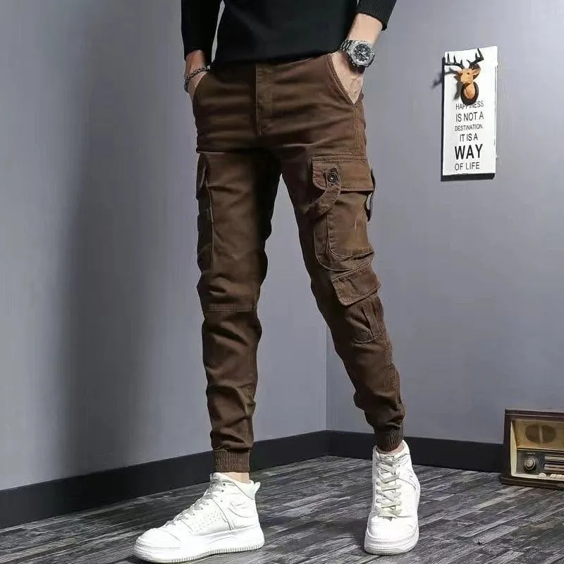 Brown Slim Fit Elastic Cargo Trousers for Casual Style