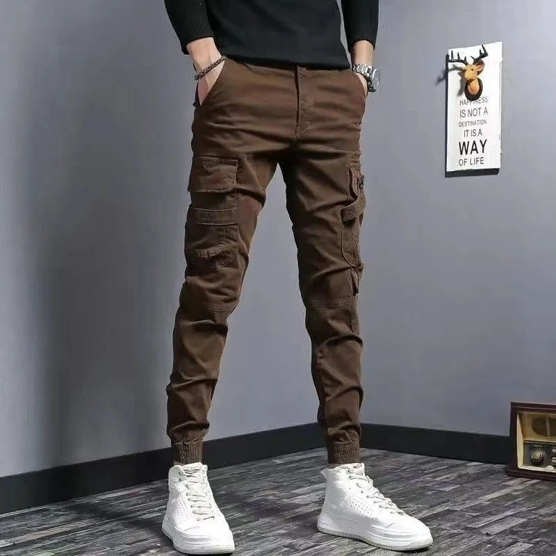 Brown Slim Fit Elastic Cargo Trousers for Casual Style