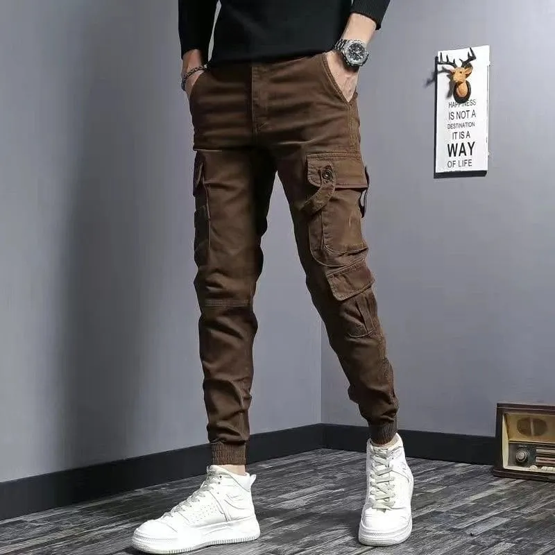 Brown Slim Fit Elastic Cargo Trousers for Casual Style