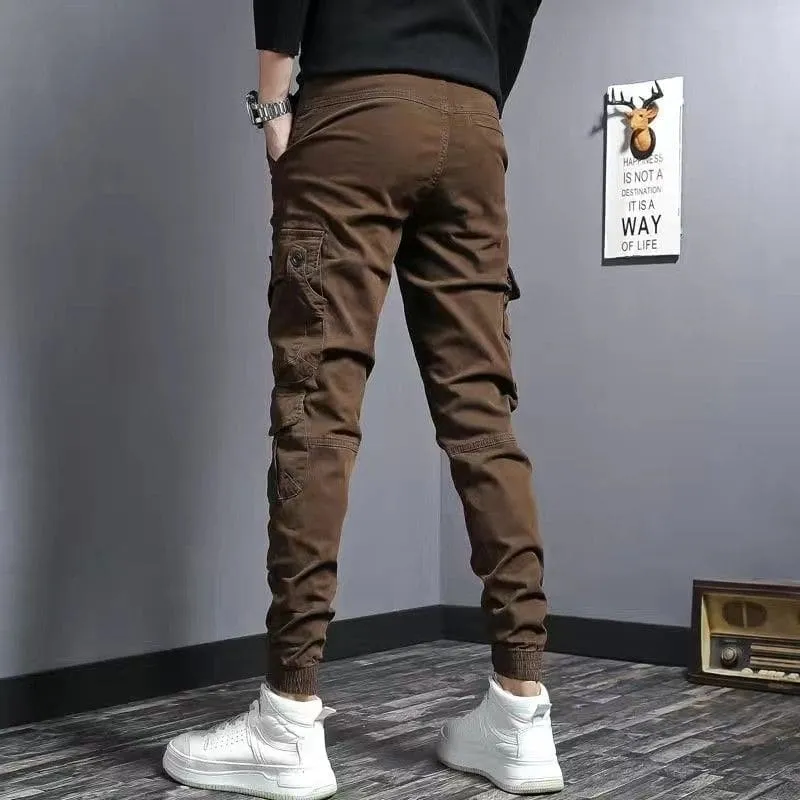 Brown Slim Fit Elastic Cargo Trousers for Casual Style