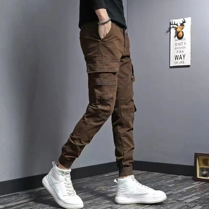 Brown Slim Fit Elastic Cargo Trousers for Casual Style