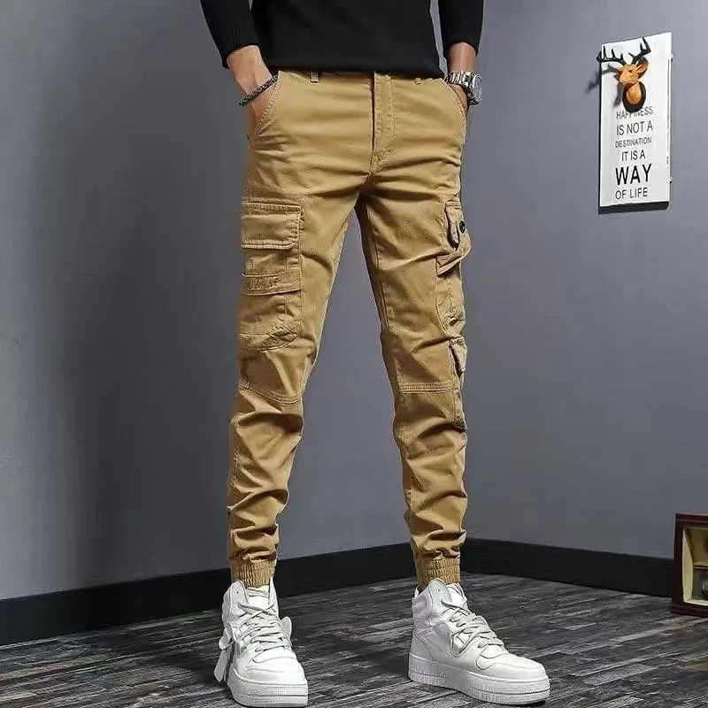 Brown Slim Fit Elastic Cargo Trousers for Casual Style