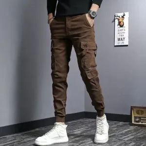 Brown Slim Fit Elastic Cargo Trousers for Casual Style
