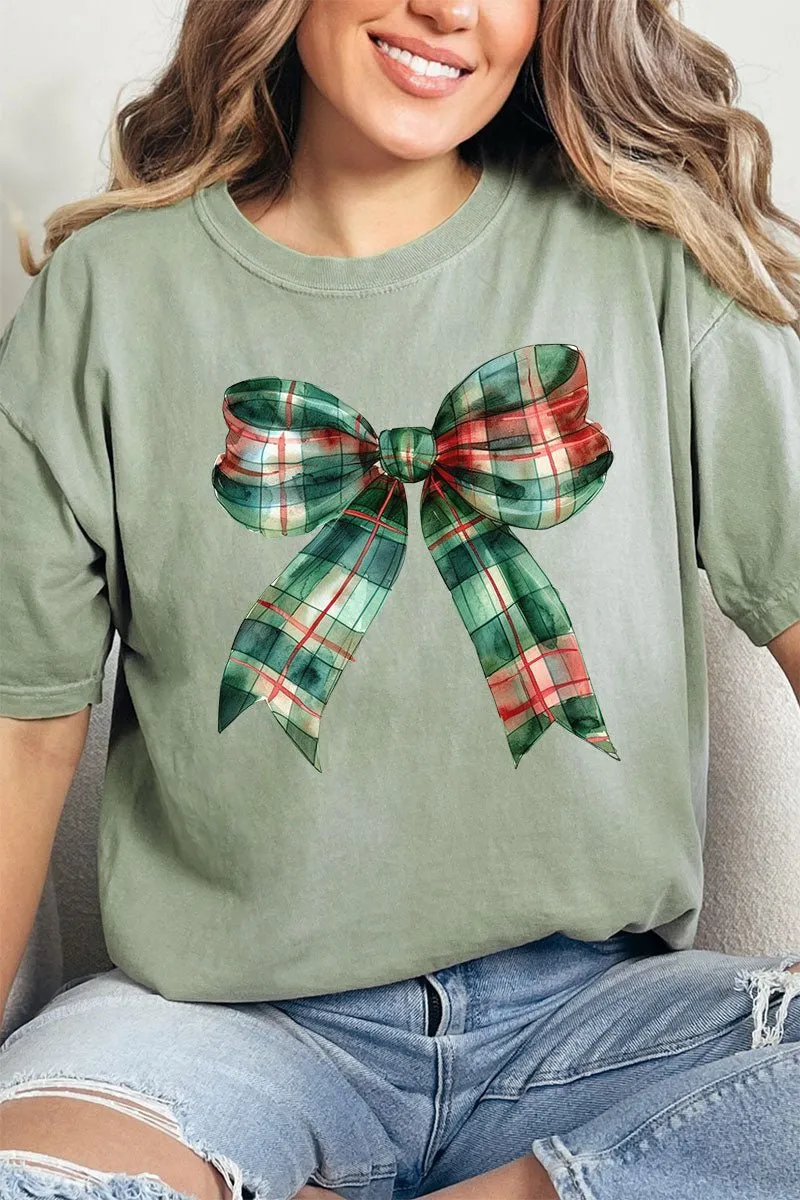 Christmas Plaid Coquette Bow Comfort Colors Adult Ring-Spun Cotton Tee