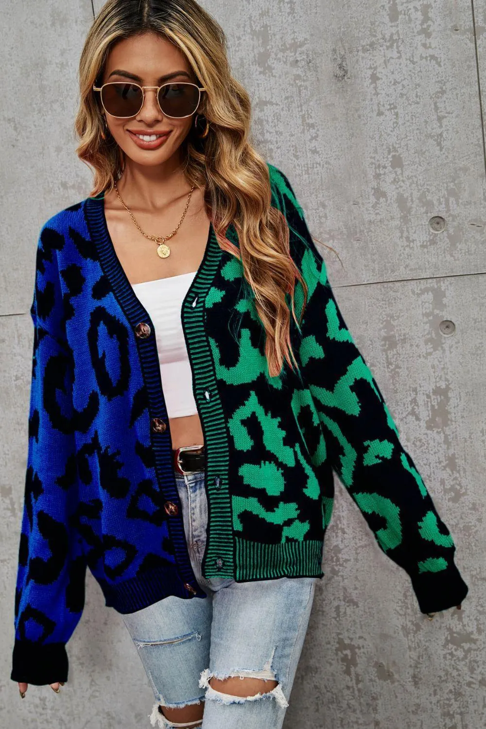 Contrast Button Front Ribbed Trim Leopard Cardigan Sweater