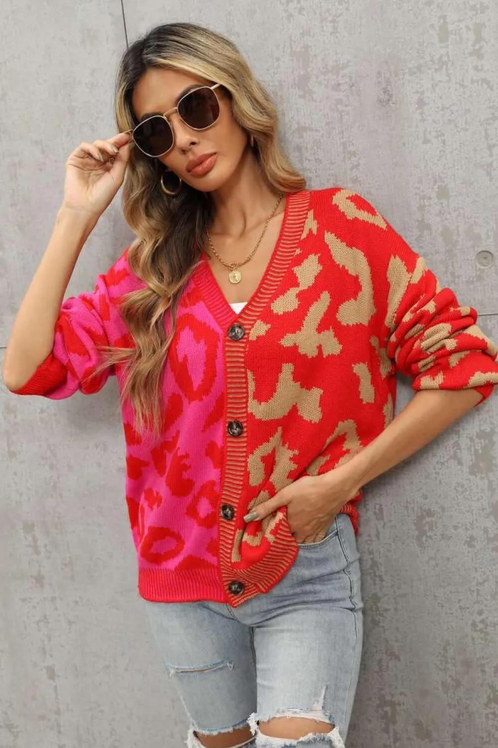 Contrast Button Front Ribbed Trim Leopard Cardigan Sweater