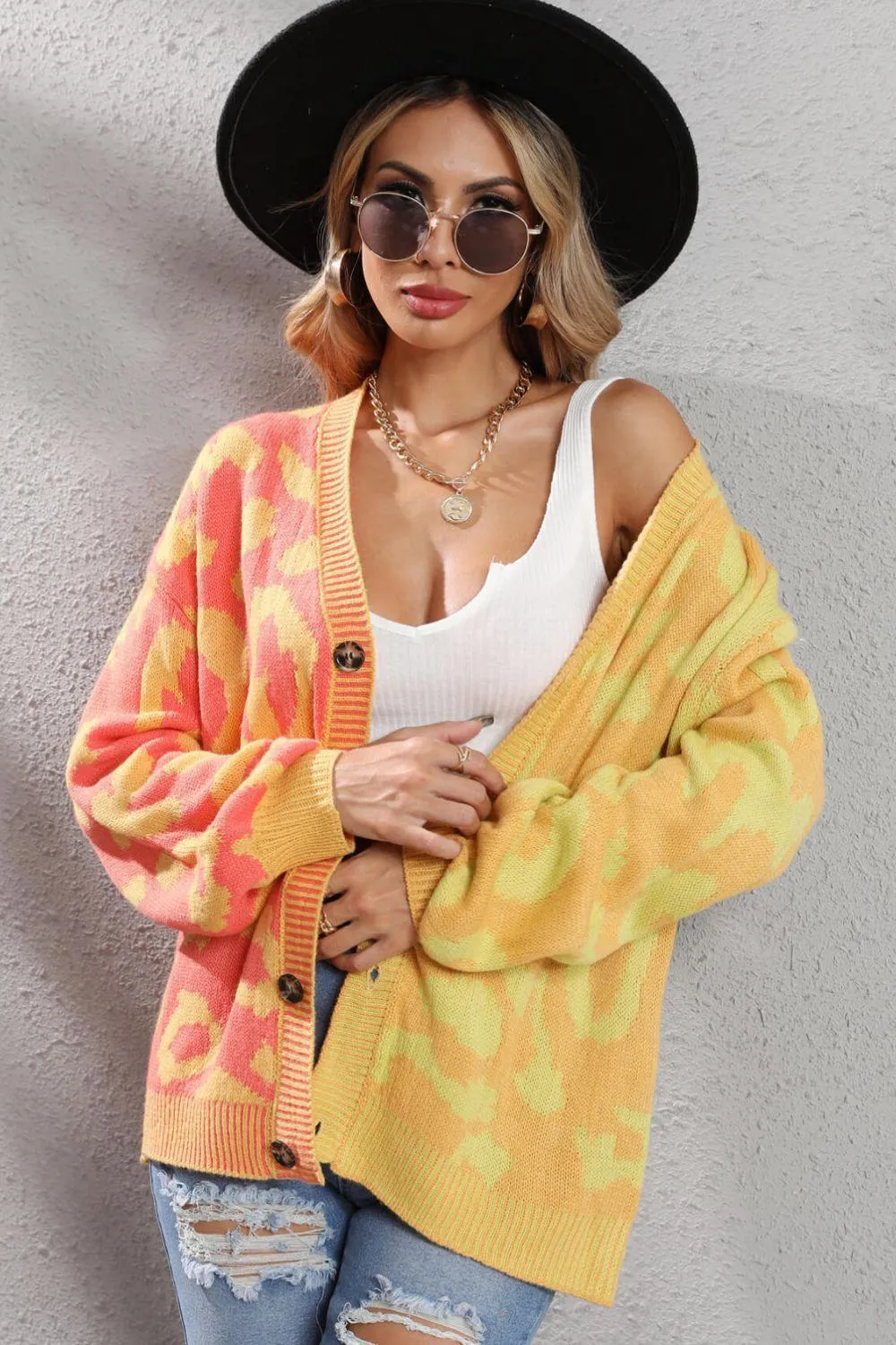 Contrast Button Front Ribbed Trim Leopard Cardigan Sweater