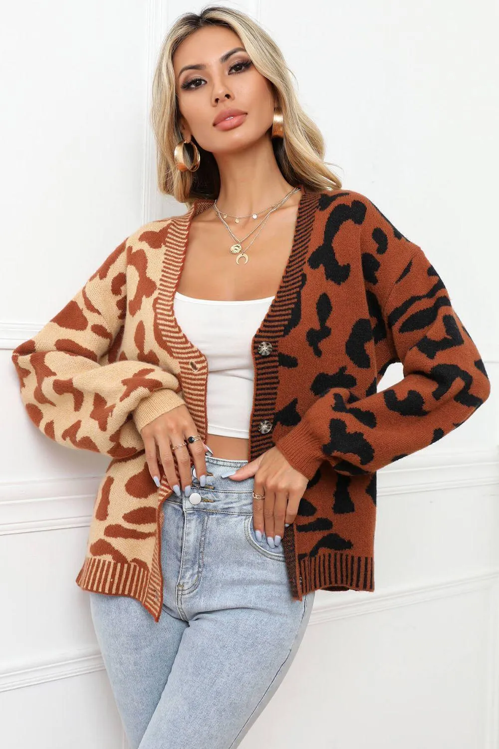 Contrast Button Front Ribbed Trim Leopard Cardigan Sweater