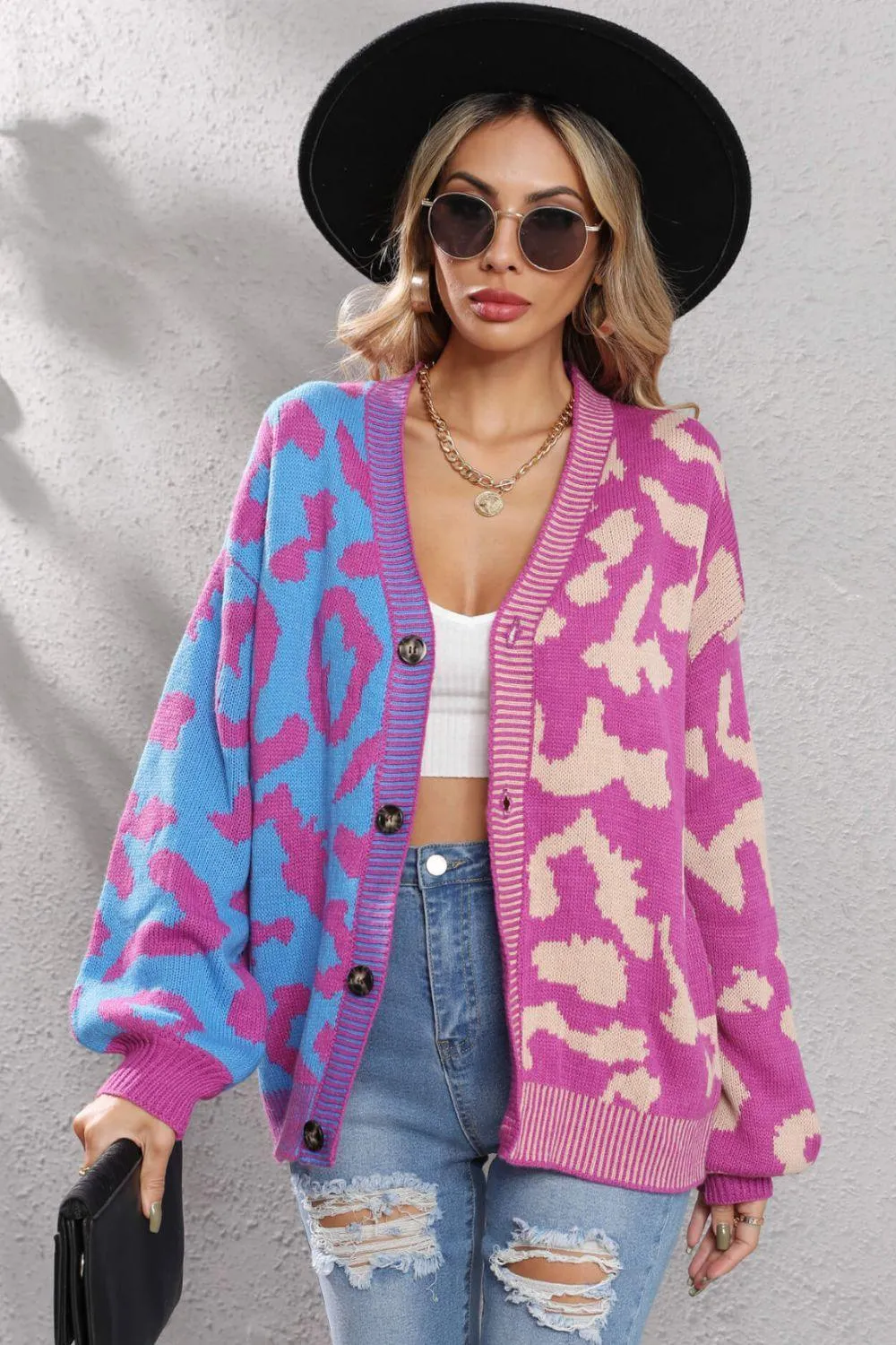 Contrast Button Front Ribbed Trim Leopard Cardigan Sweater