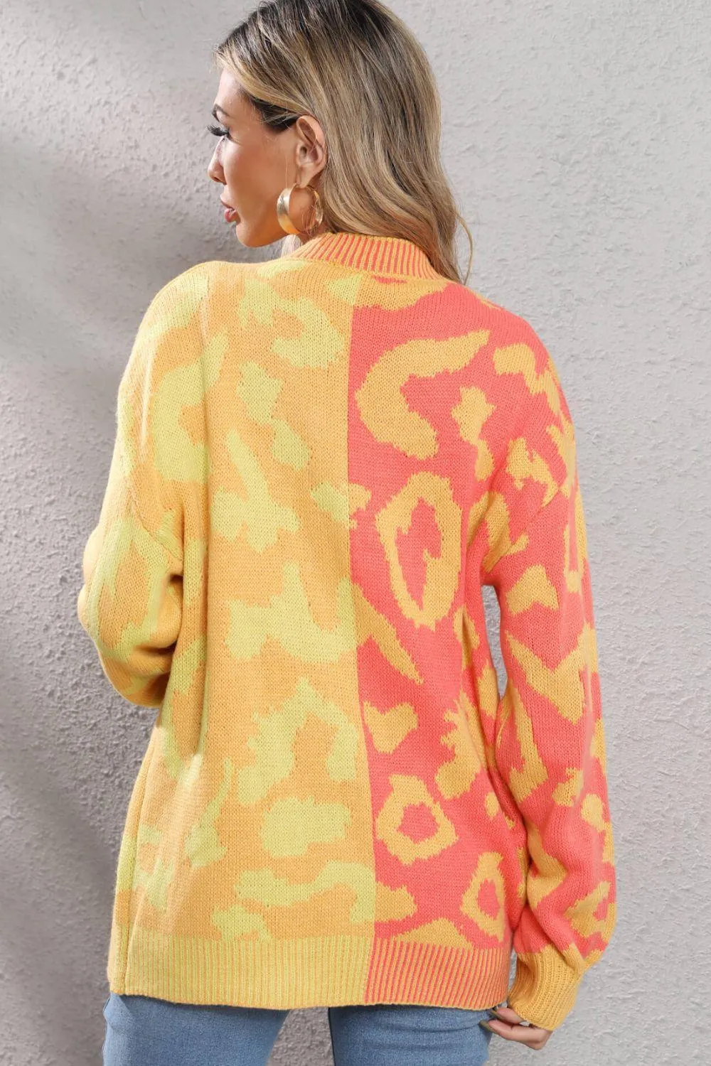 Contrast Button Front Ribbed Trim Leopard Cardigan Sweater