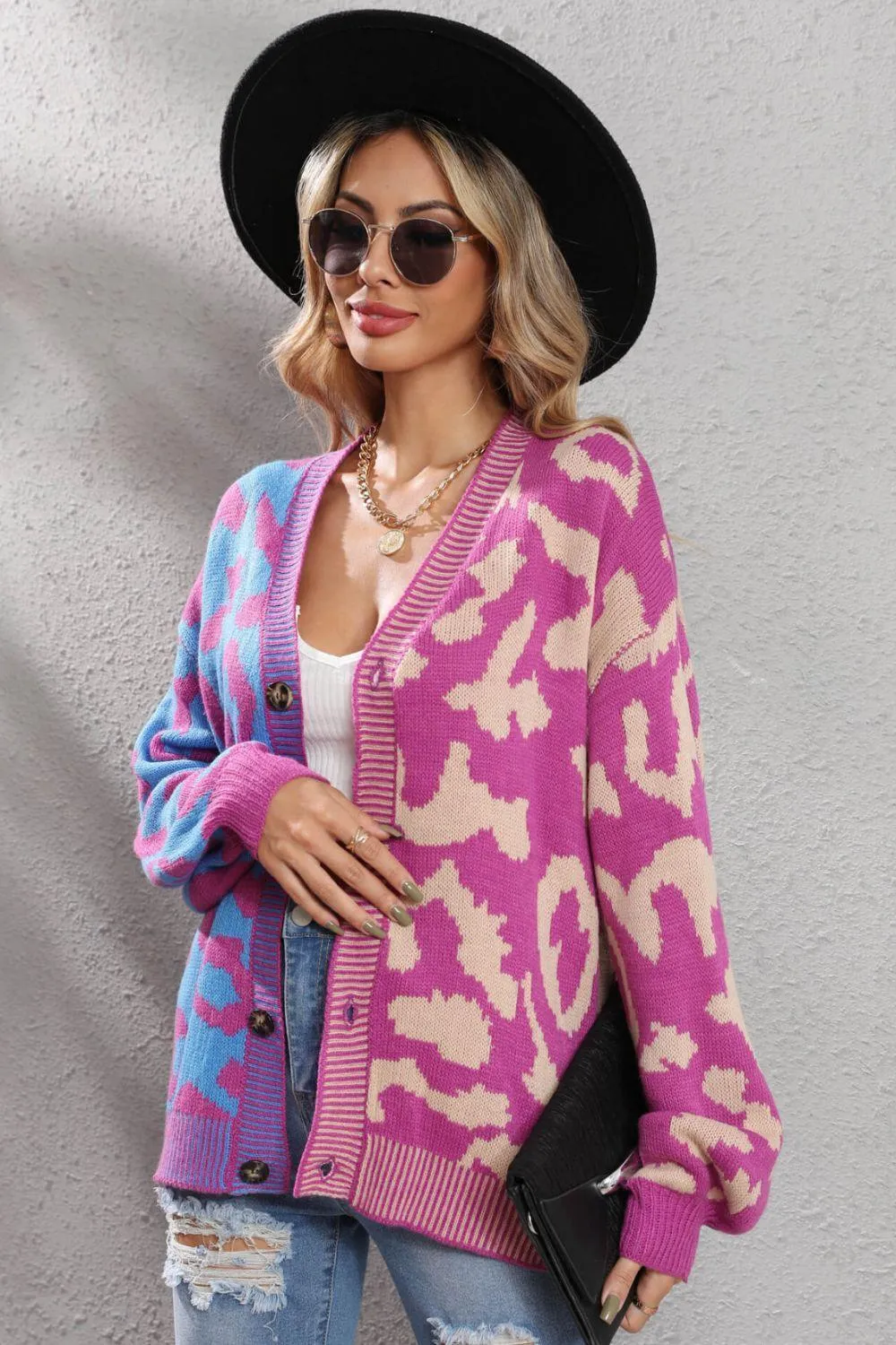 Contrast Button Front Ribbed Trim Leopard Cardigan Sweater