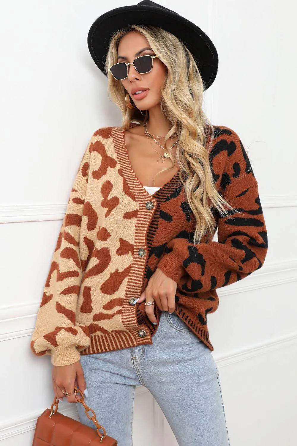Contrast Button Front Ribbed Trim Leopard Cardigan Sweater