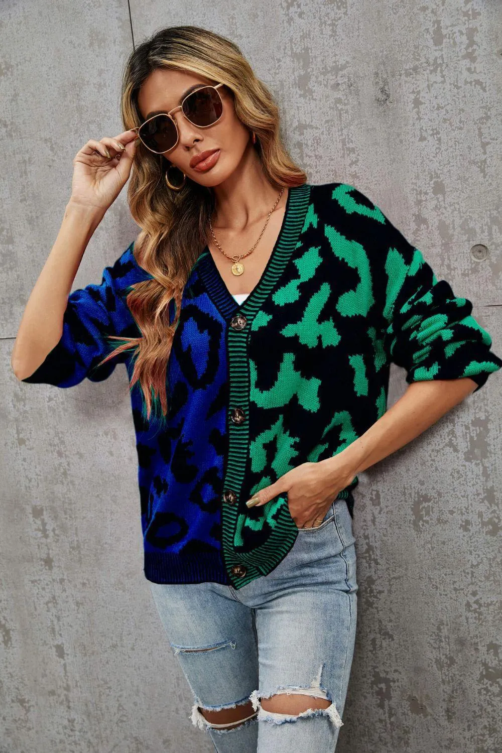 Contrast Button Front Ribbed Trim Leopard Cardigan Sweater