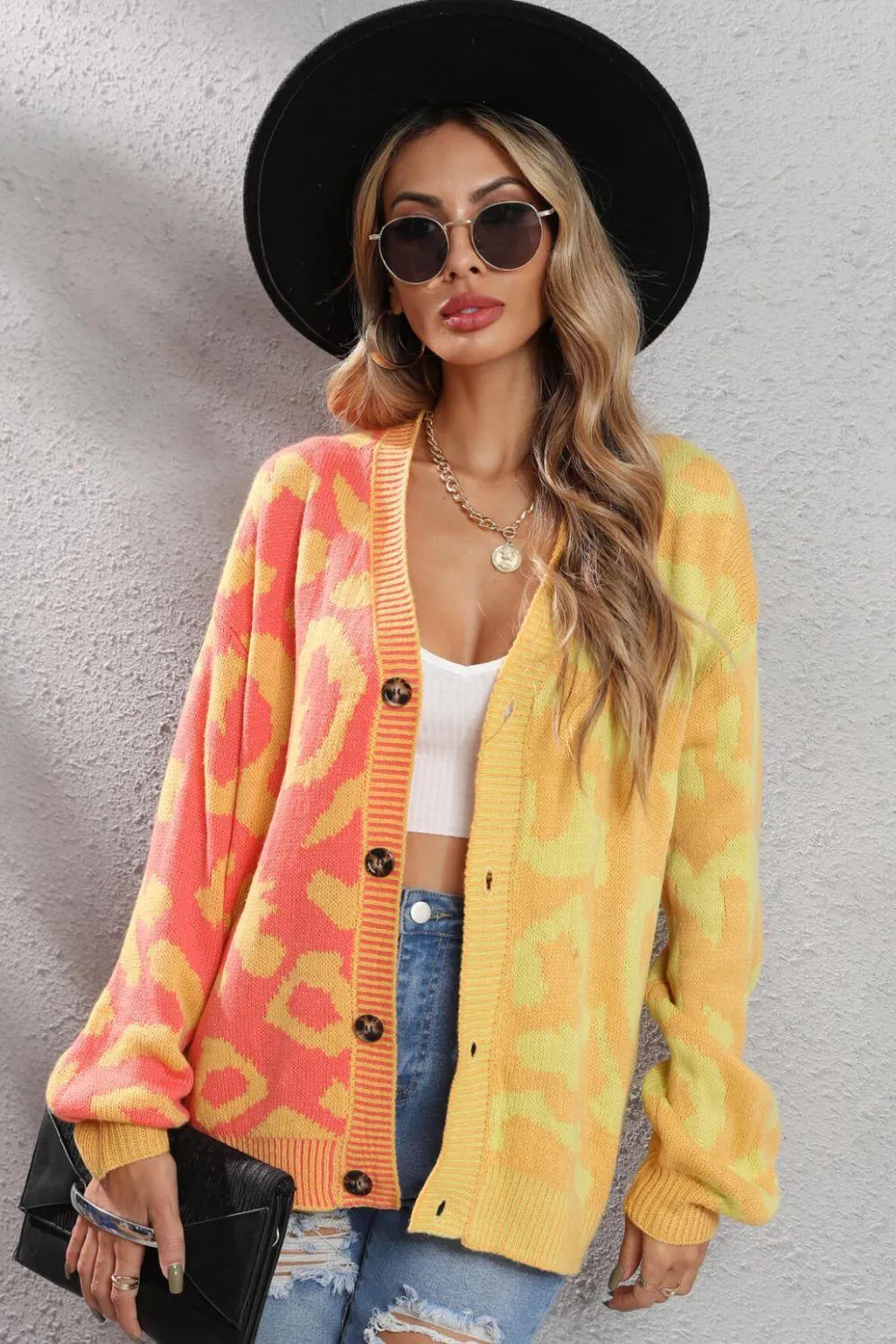 Contrast Button Front Ribbed Trim Leopard Cardigan Sweater