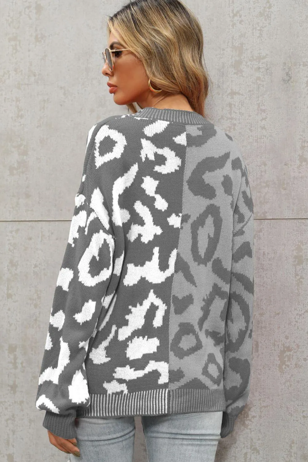 Contrast Button Front Ribbed Trim Leopard Cardigan Sweater