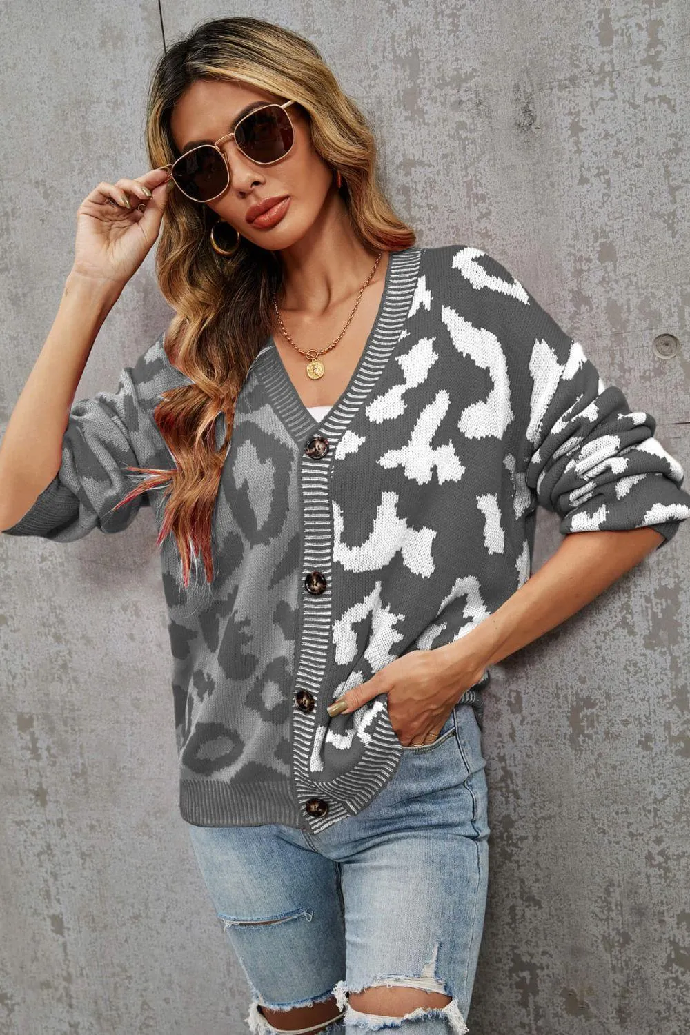 Contrast Button Front Ribbed Trim Leopard Cardigan Sweater