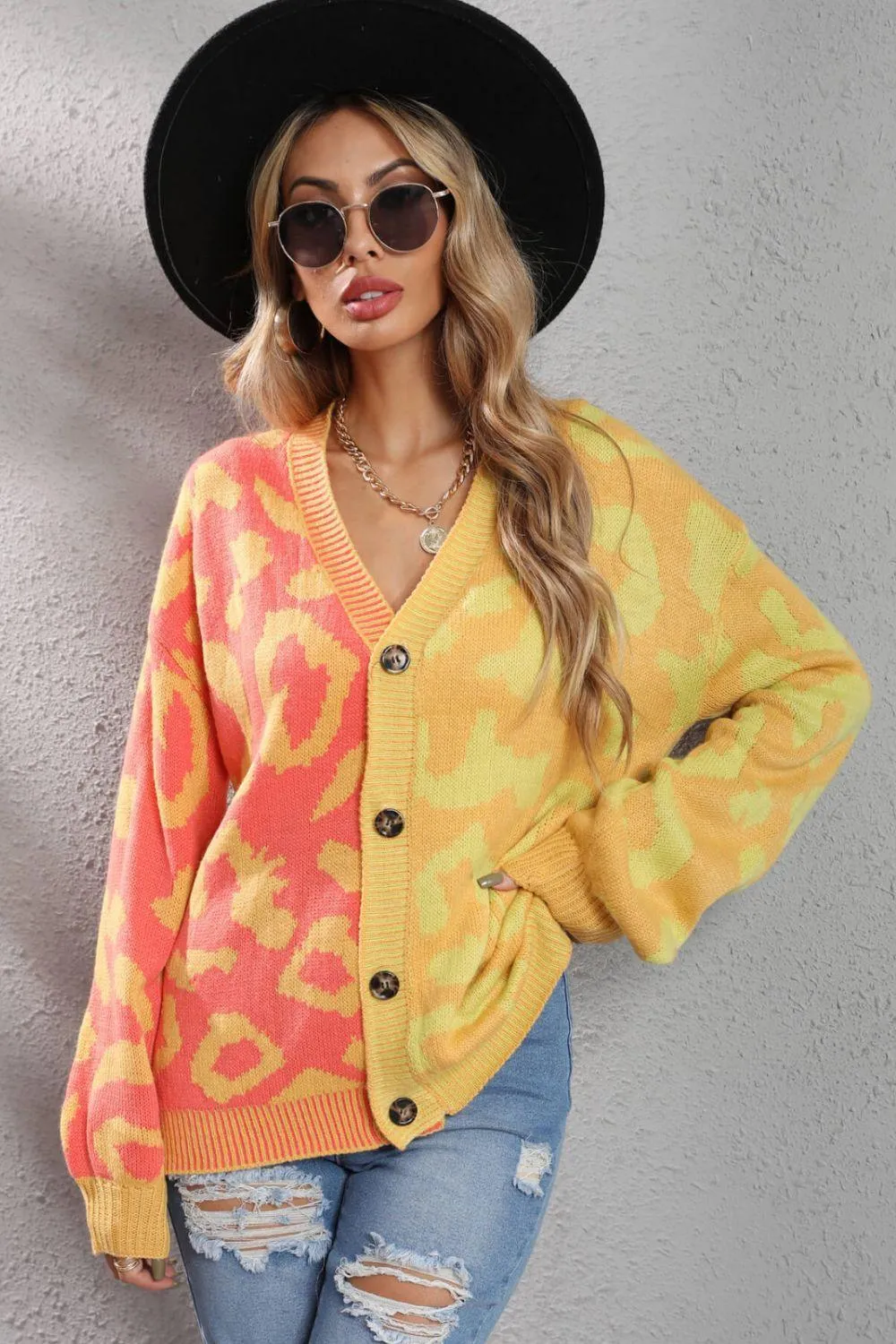 Contrast Button Front Ribbed Trim Leopard Cardigan Sweater