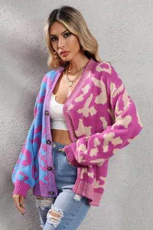 Contrast Button Front Ribbed Trim Leopard Cardigan Sweater