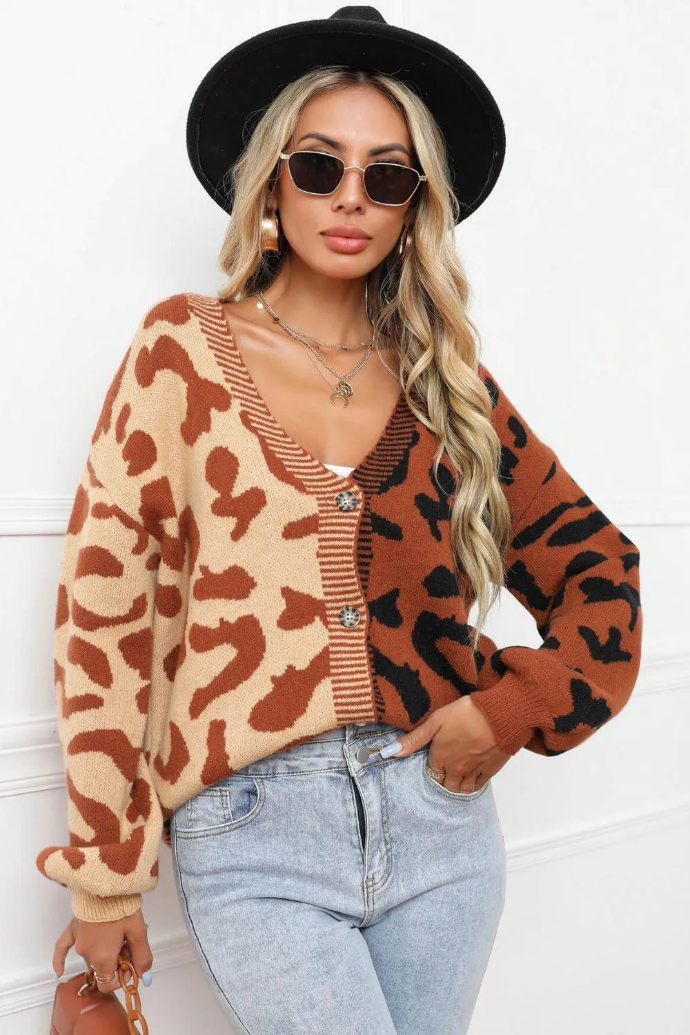 Contrast Button Front Ribbed Trim Leopard Cardigan Sweater